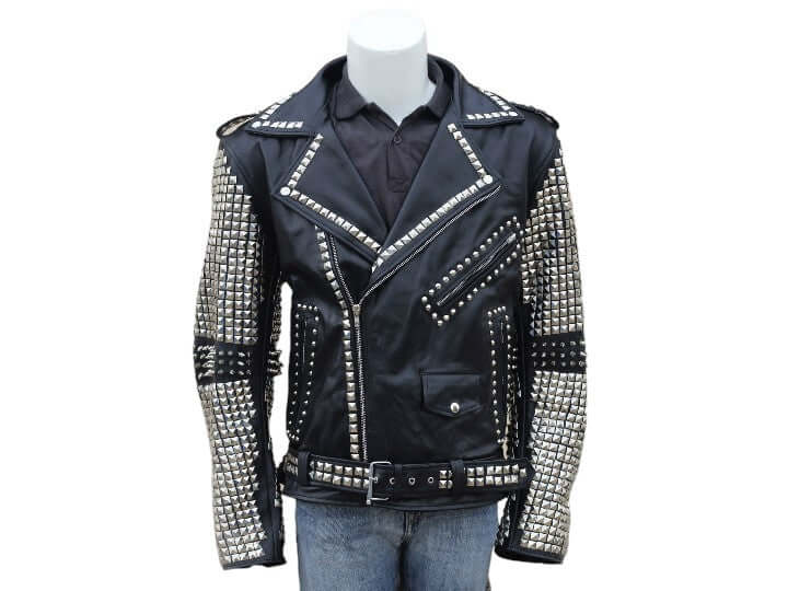 <img src="path-to-image.jpg" alt="Men's Black Motorbike Round Studded Jacket, Rock Punk Leather Jacket" />