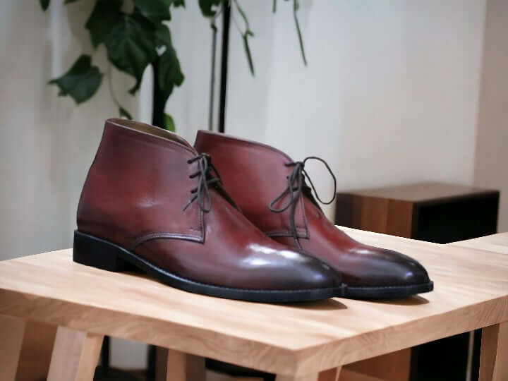 Handmade Men Genuine Cow-Hide Leather Burgundy Chukka Boots, Men's Lace Up Ankle High Boots