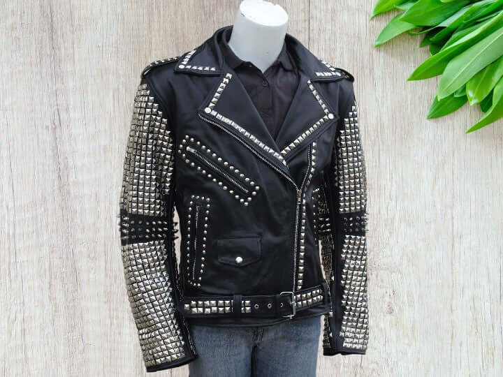 <img src="path-to-image.jpg" alt="Men's Black Motorbike Round Studded Jacket, Rock Punk Leather Jacket" />