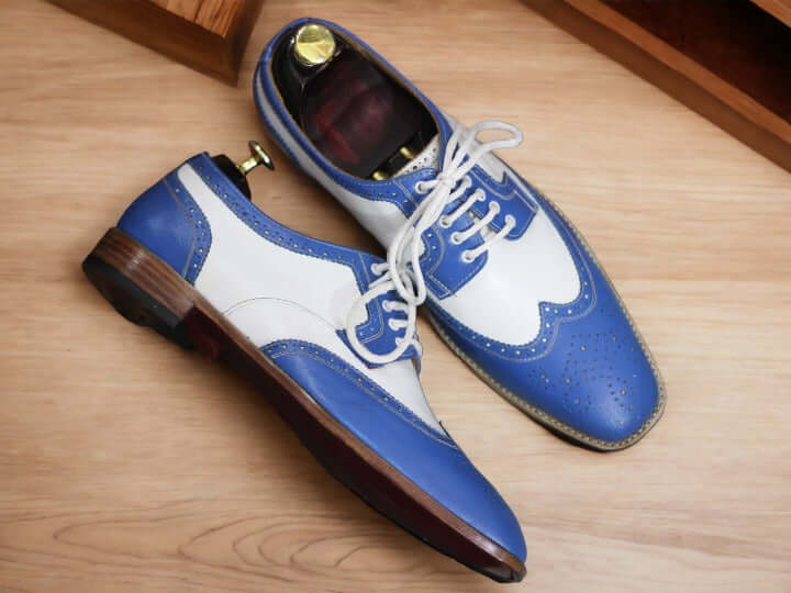 Men's Blue White Genuine Leather Shoes, Hand Painted Wing Tip Shoes, Office Shoes