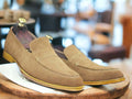 Handmade Beige Suede Penny Loafer Shoes, Slip On Moccasin Shoes, Men's Shoes