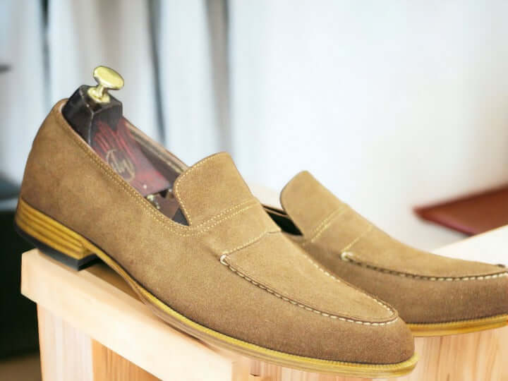 Handmade Beige Suede Penny Loafer Shoes, Slip On Moccasin Shoes, Men's Shoes