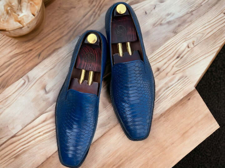 Handmade Men's Blue Python Loafer Shoes, Slip On Moccasin Shoes