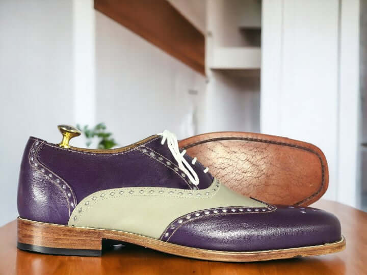 Handmade Oxford Purple & Grey Wing Tip Brogue Leather Shoes 