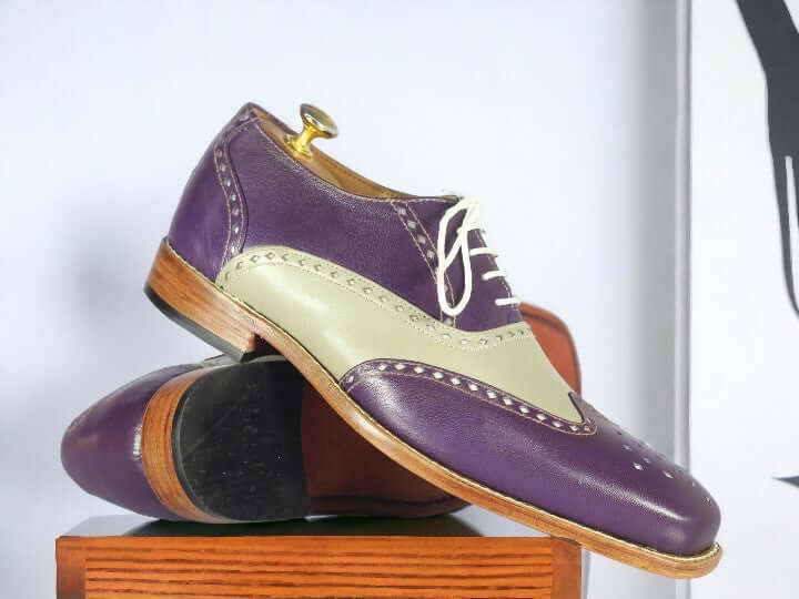 Handmade Oxford Purple & Grey Wing Tip Brogue Leather Shoes 