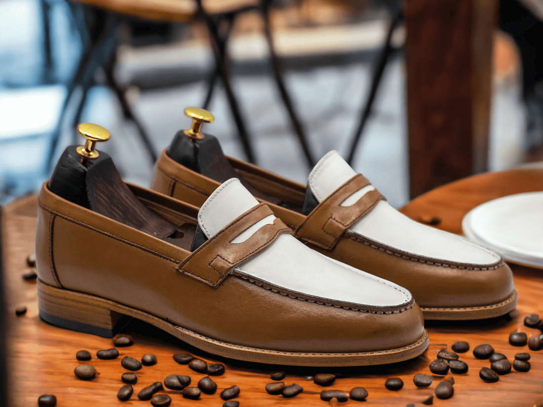 Handmade Brown White Penny Loafer Shoes, Slip On Moccasin Shoes, Men's Shoes