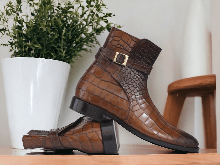 Expertly crafted from high-quality leather, these Handmade Alligator Print Jodhpurs Mustard Burnish Toe Ankle Boots provide durable, stylish footwear for men. Each pair is handmade for a unique touch and features a striking alligator print and burnished toe for a sophisticated look. Elevate your shoe game with these must-have boots.