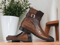 Expertly crafted from high-quality leather, these Handmade Alligator Print Jodhpurs Mustard Burnish Toe Ankle Boots provide durable, stylish footwear for men. Each pair is handmade for a unique touch and features a striking alligator print and burnished toe for a sophisticated look. Elevate your shoe game with these must-have boots.