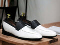 These White Black Loafer Shoes feature a premium combination of white leather and black suede with an elegant, timeless design. The well-crafted, combination leather and suede upper offers unparalleled comfort and support, while the memory foam insole provides superior cushioning for all-day wear.