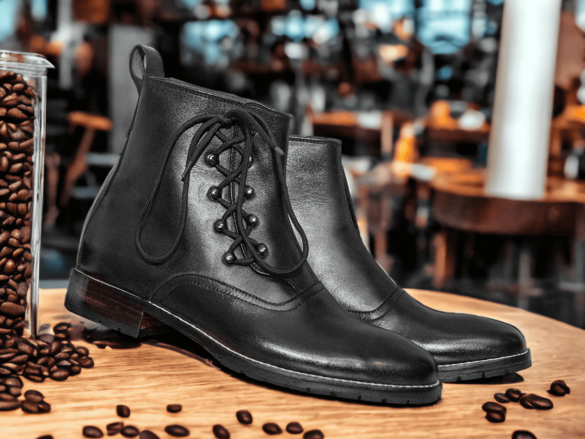 Ankle High Black Leather Lace Up Boot, Handmade Split Toe Boot, Men's Formal Wear Boot 