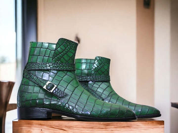 Expertly crafted from high-quality leather, these Handmade Alligator Print Jodhpurs Mustard Burnish Toe Ankle Boots provide durable, stylish footwear for men. Each pair is handmade for a unique touch and features a striking alligator print and burnished toe for a sophisticated look. Elevate your shoe game with these must-have boots.