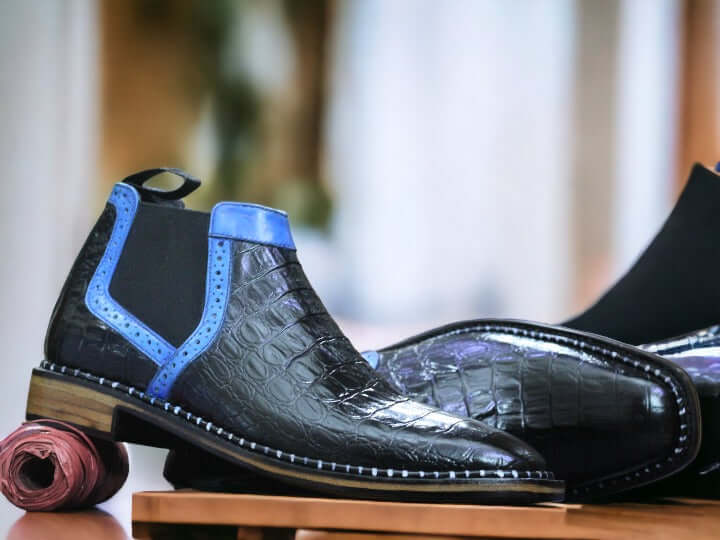 New Men's Stylish Blue Black Half Alligator Chelsea Boot, Hand Painted Boot, Fashion Boot