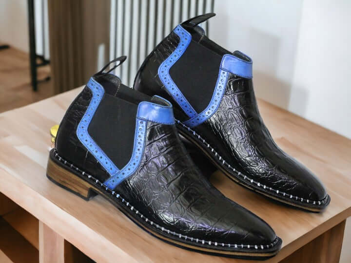 New Men's Stylish Blue Black Half Alligator Chelsea Boot, Hand Painted Boot, Fashion Boot