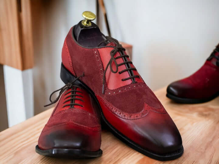 Bespoke Burgundy Leather Suede Shoes, Wing Tip Shoes, Men's Office Shoes