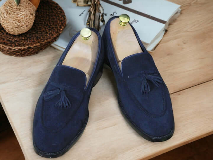 Handmade Blue Suede Shoes, Men's Slip On Moccasin Loafer Shoes