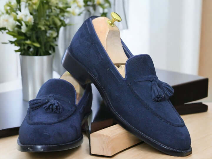 Handmade Blue Suede Shoes, Men's Slip On Moccasin Loafer Shoes