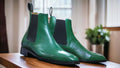 Men Handmade Ankle High Green Chelsea Leather Boots Patina Tuxedo 