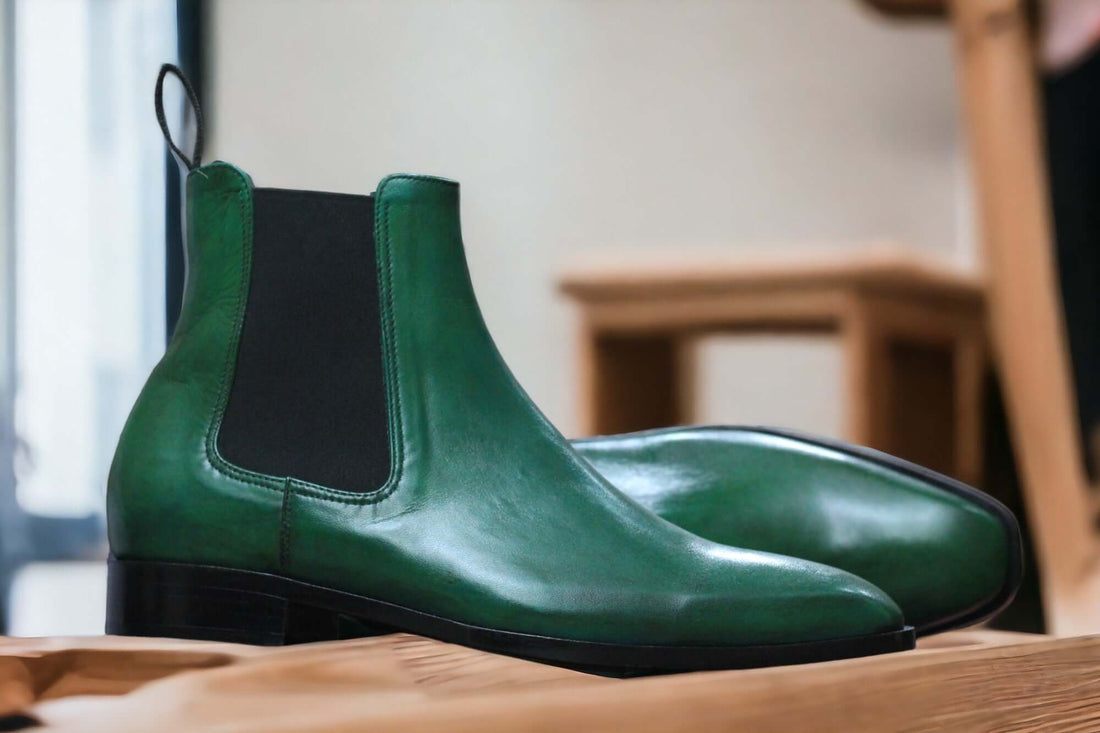 Men Handmade Ankle High Green Chelsea Leather Boots Patina Tuxedo