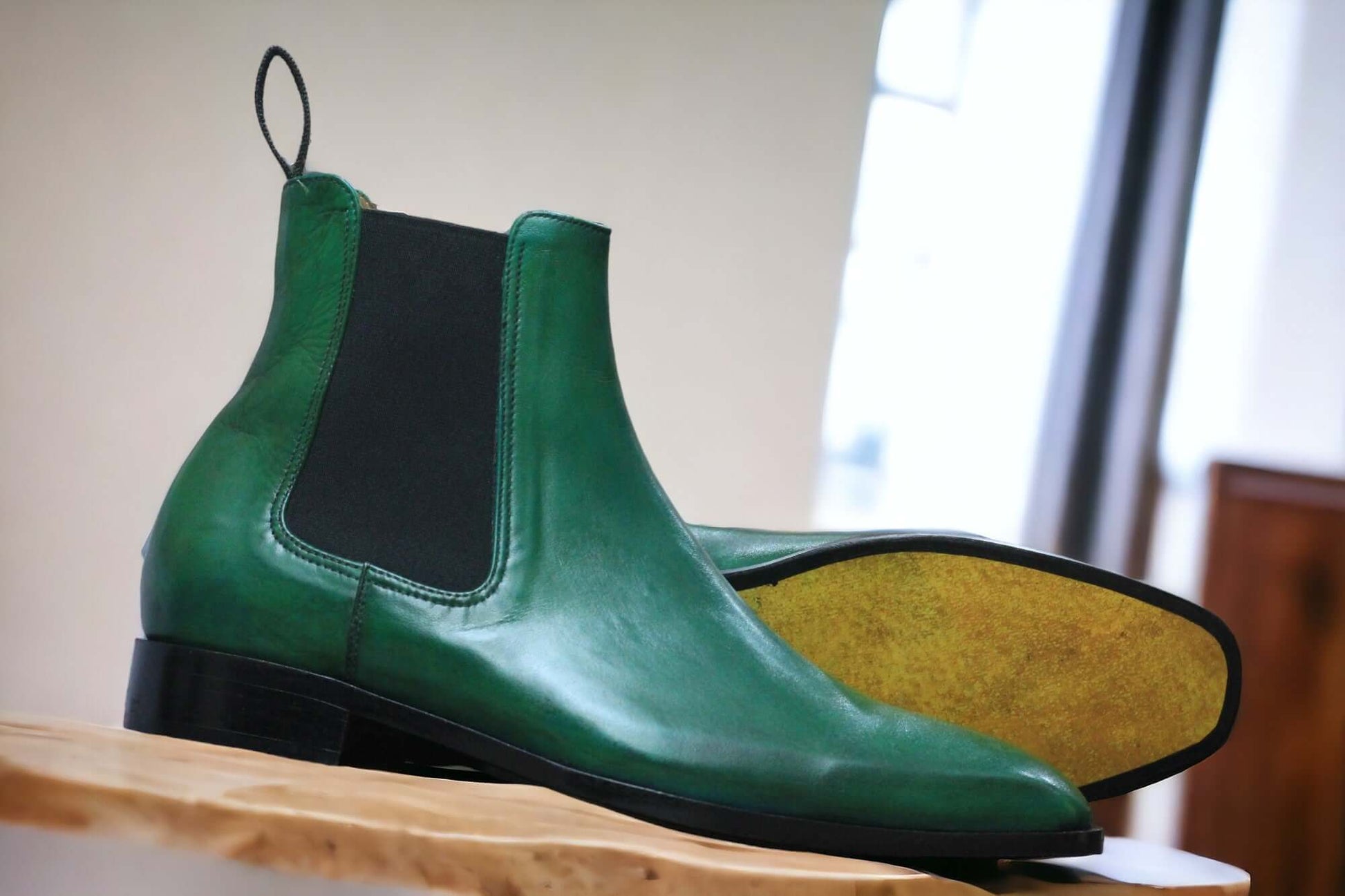 Men Handmade Ankle High Green Chelsea Leather Boots Patina Tuxedo 