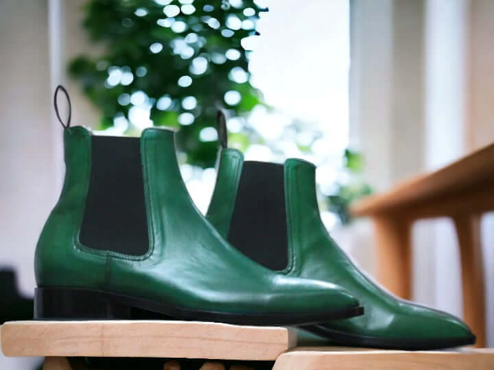 Men Handmade Ankle High Green Chelsea Leather Boots Patina Tuxedo