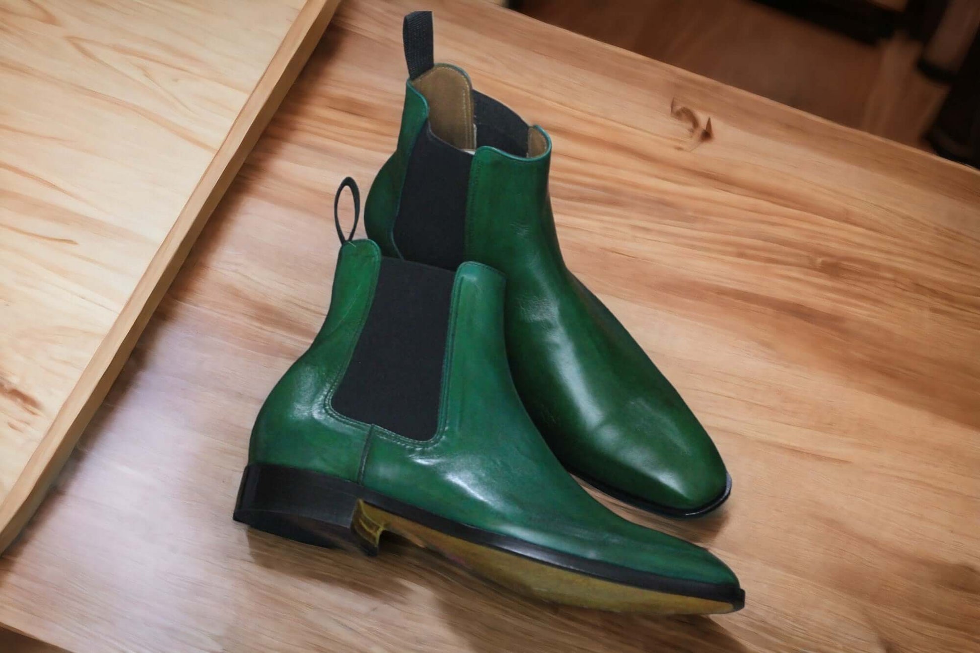 Men Handmade Ankle High Green Chelsea Leather Boots Patina Tuxedo 