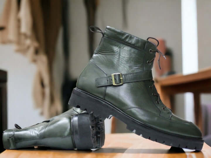 These Green Chunky Sole Boots are handmade from split-toe boot leather, perfect for formal wear. The thick rubber sole ensures comfort and durability for long-lasting wear. Make a statement with these stylish premium boots!