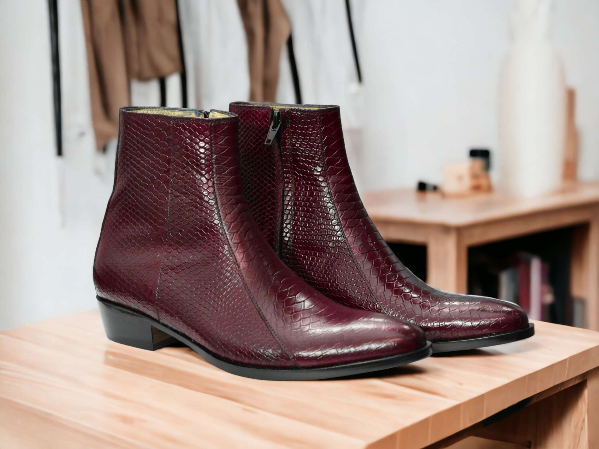 Men burgundy Python Ankle Zipper boots