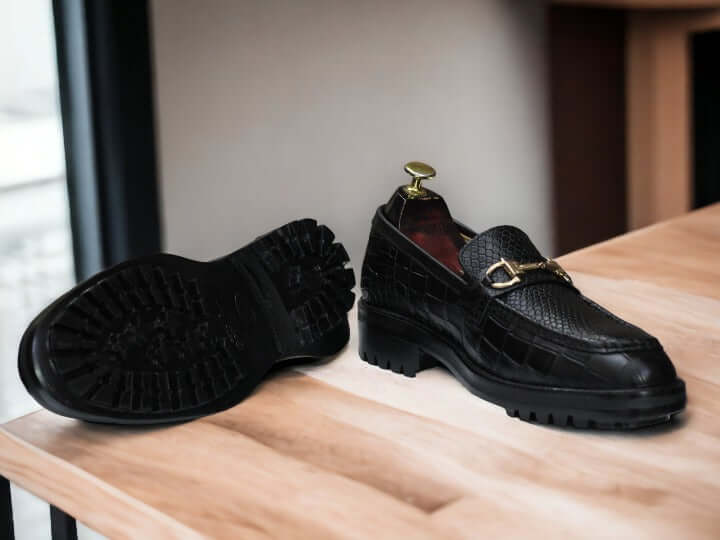 Handmade Black Loafer Horsebit Style Alligator Shoes,Slip On Moccasion Shoes