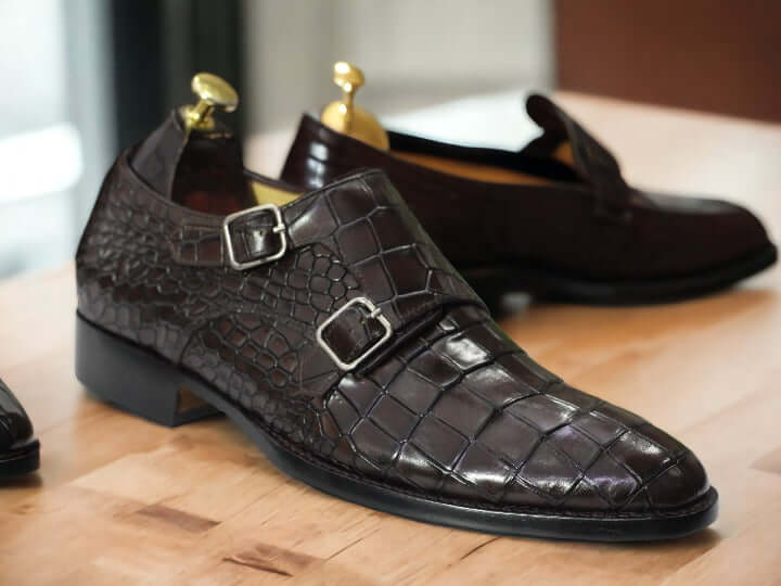 These handmade men's Brown Monk Alligator Shoes provide an elegant and timeless design. Crafted from high-quality alligator leather, and expertly stitched with durable thread, these shoes are perfect for looking sharp and stylish, while providing long-lasting comfort.