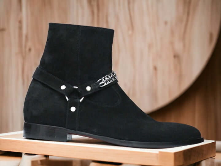 These stylish Handmade Men's Harness Boots, Black Suede Ankle Boots combine the perfect combination of classic style and contemporary elegance. Made from supple, black suede, each boot features an eye-catching design with a comfort fit and will provide long-lasting wear. These boots are crafted with expert craftsmanship and are perfect for any outfit.