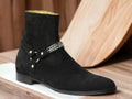 These stylish Handmade Men's Harness Boots, Black Suede Ankle Boots combine the perfect combination of classic style and contemporary elegance. Made from supple, black suede, each boot features an eye-catching design with a comfort fit and will provide long-lasting wear. These boots are crafted with expert craftsmanship and are perfect for any outfit.