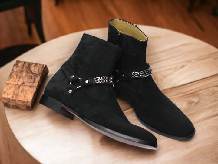 These stylish Handmade Men's Harness Boots, Black Suede Ankle Boots combine the perfect combination of classic style and contemporary elegance. Made from supple, black suede, each boot features an eye-catching design with a comfort fit and will provide long-lasting wear. These boots are crafted with expert craftsmanship and are perfect for any outfit.