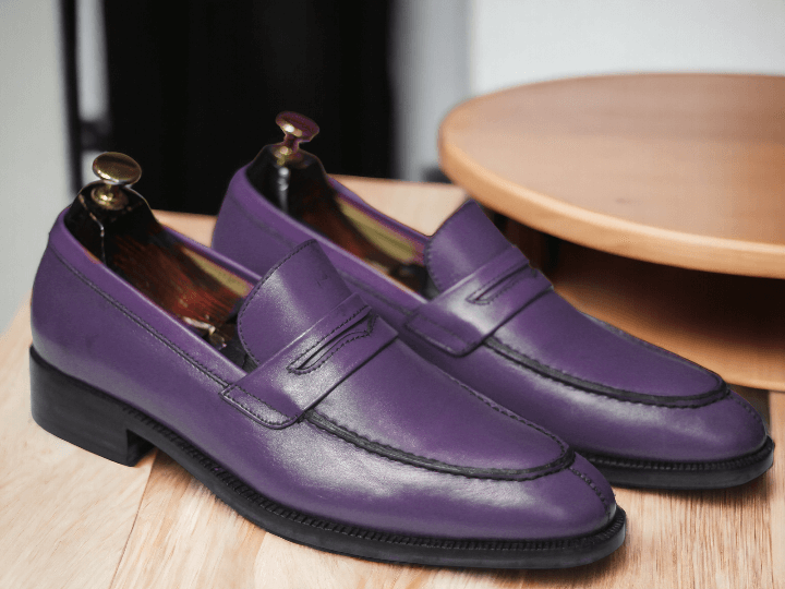 Handmade Purple  Genuine Leather Shoes, Slip On Moccasin Loafer Shoes