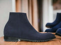 Men's Navy Blue Suede Leather Ankle Boots, Side Zipper Men Boots