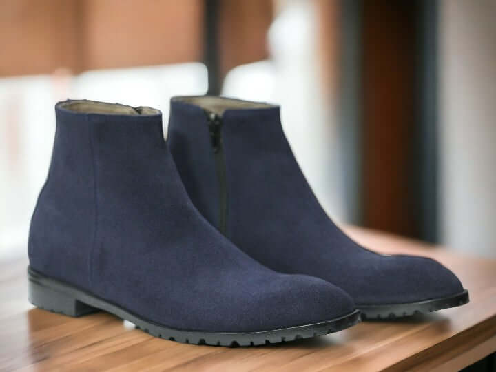 Men's Navy Blue Suede Leather Ankle Boots, Side Zipper Men Boots