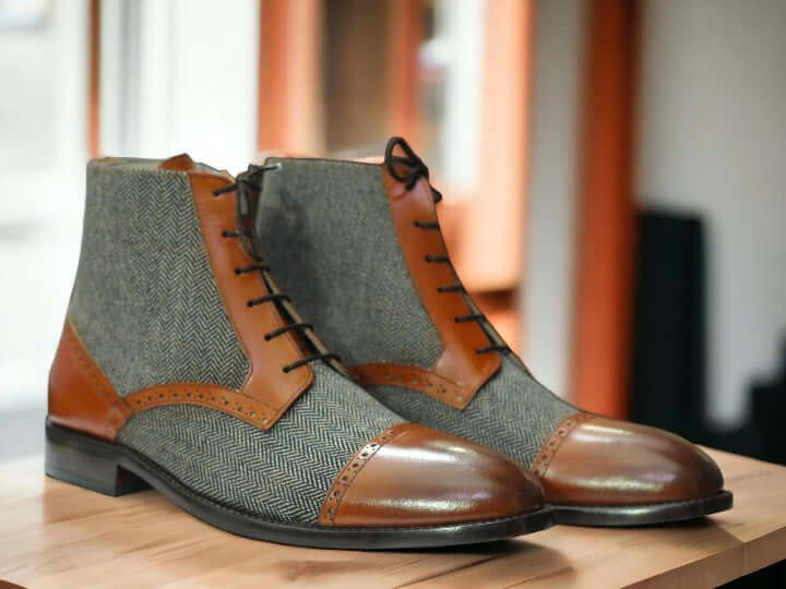 Men's Brown Leather Tweed Ankle Boots, Dress Design Cap Toe Boots