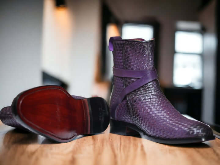 These Handmade Men Woven Jodhpurs Leather Boots are made with genuine leather and crafted to last. They feature a unique woven design and are the perfect combination of durability and style.