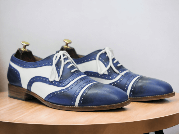 Men Leather Brogue, Blue White Oxfords  Leather Shoes, Designer Cap Toe Shoe