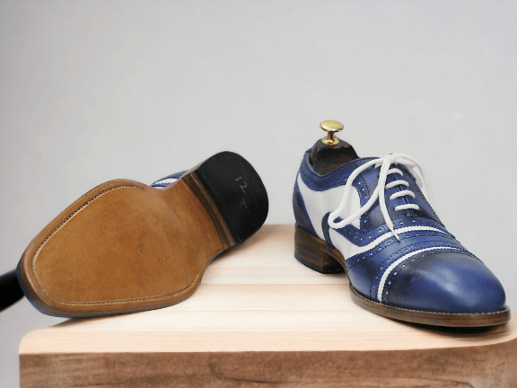 Men Leather Brogue, Blue White Oxfords  Leather Shoes, Designer Cap Toe Shoe