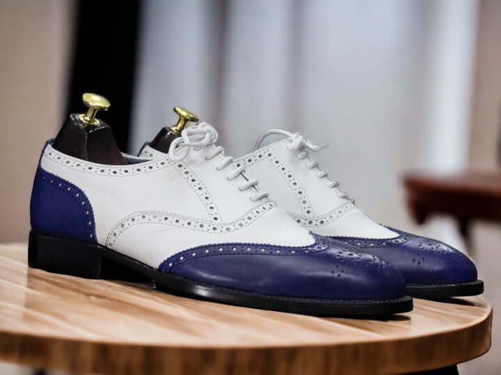 Blue White Oxford Brogue Wing Tip Shoes