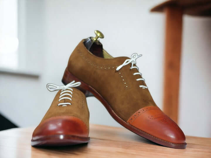 Men's Two Tone Cap Toe Leather Suede Shoes,HandPainted Dress Shoes