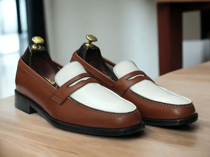 Men's Classic Vintage Bespoke Brown & White Penny Loafers Shoes