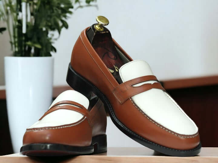 Men's Classic Vintage Bespoke Brown & White Penny Loafers Shoes