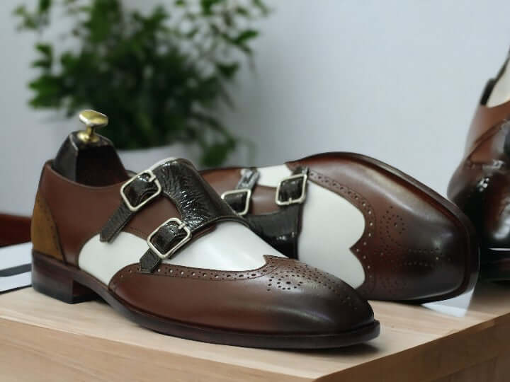 Handmade Men's Monk Shoes, Brown Leather Double Monk Strap Dress Shoes