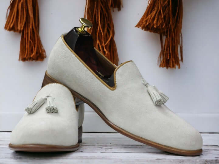 Handmade Men's Off White Suede Tassel Loafers, Office Party Shoe Great Design In Suede Tussle Loafer For your casual wear dressing and outwear