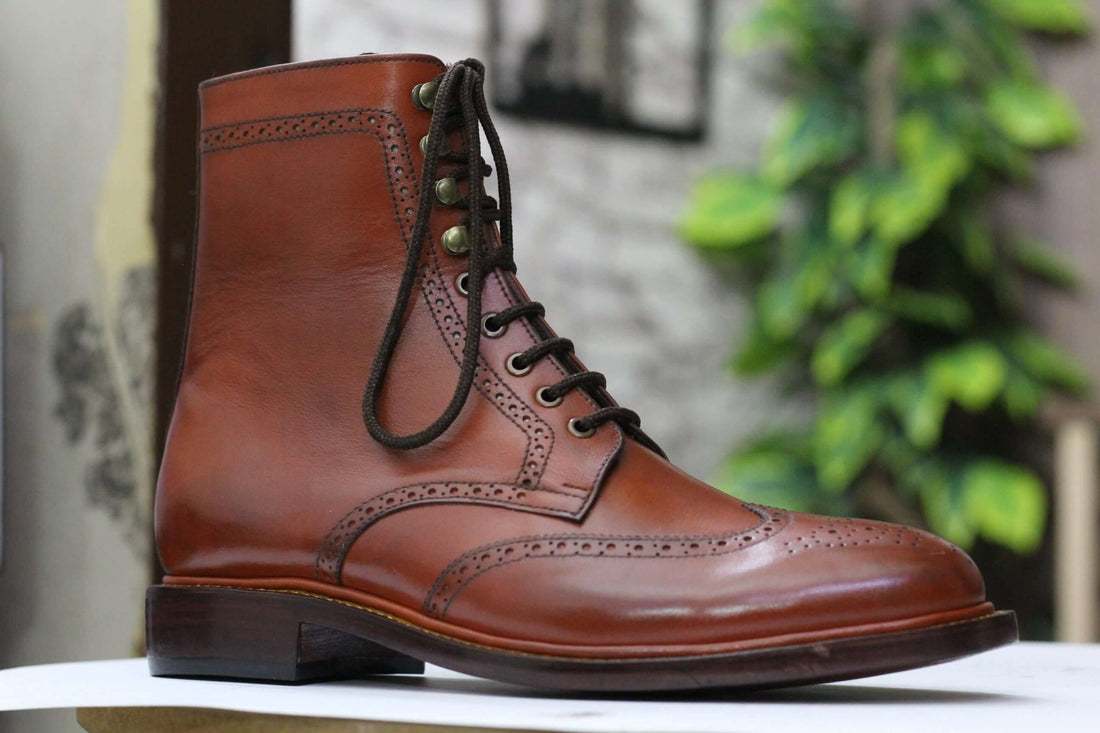 Handmade Tan Brown Brogue boots, Wing Tip Men Ankle High Office Boots