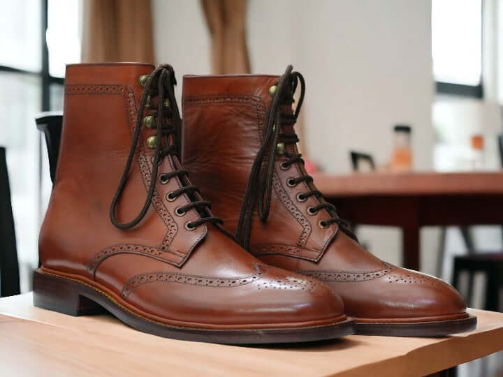 Handmade Tan Brown Brogue boots, Wing Tip Men Ankle High Office Boots