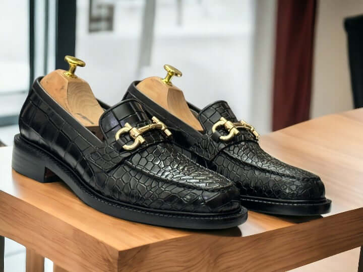 Handmade Black Loafer Horse Bit Style Alligator Shoes, Slip On Moccasin Shoes