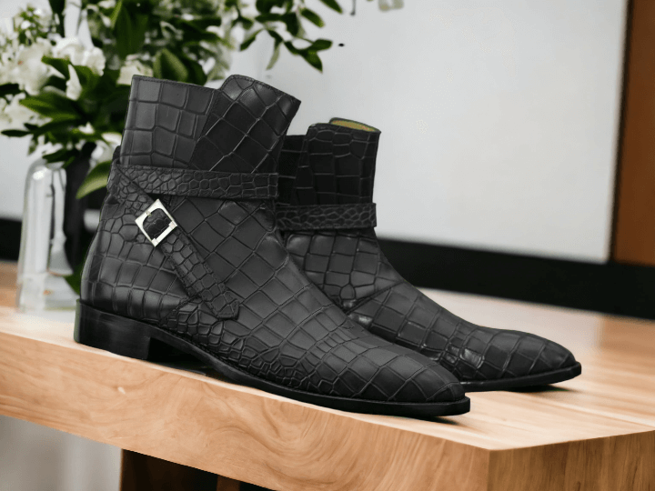 Introducing our Men's Alligator Jodhpurs Boot, featuring a unique handmade alligator print and hand painted leather. Expertly crafted for a sophisticated and stylish look, these boots combine luxury and durability. Elevate your footwear game with these versatile and eye-catching boots.