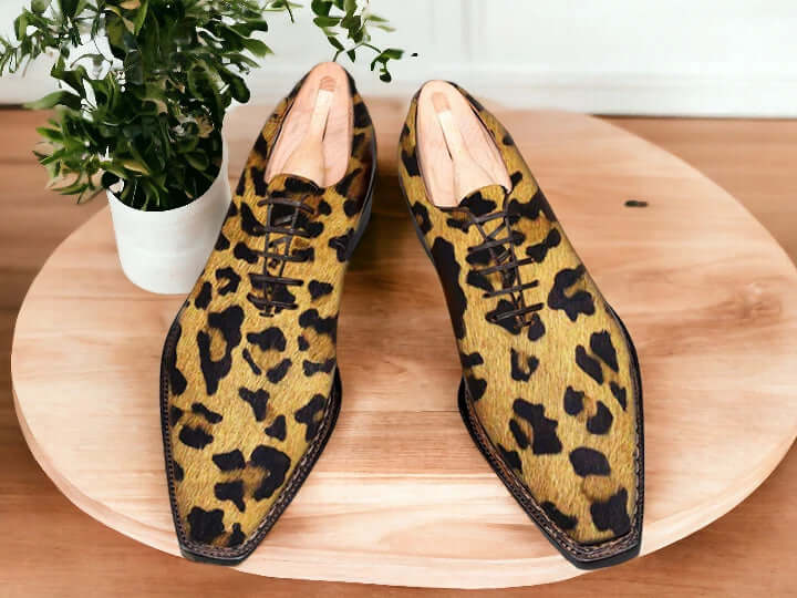 Free Shipping Men's Handmade Whole Cut Leopard Skin Oxfords Shoes, Lace hairy Skin Shoe